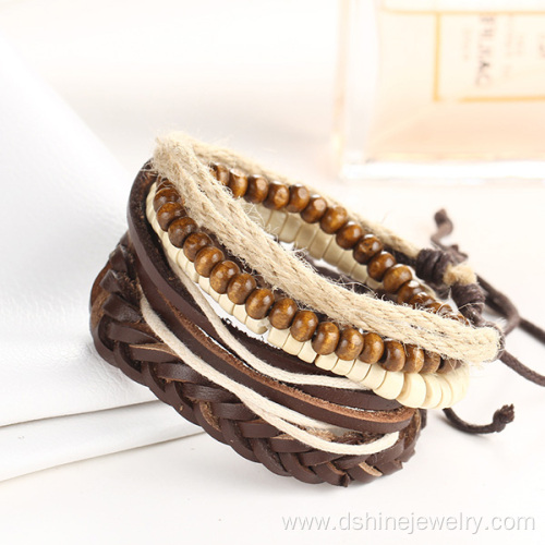 Wooden Beads Bracelet DIY Multi Layer Leather Wristbands
